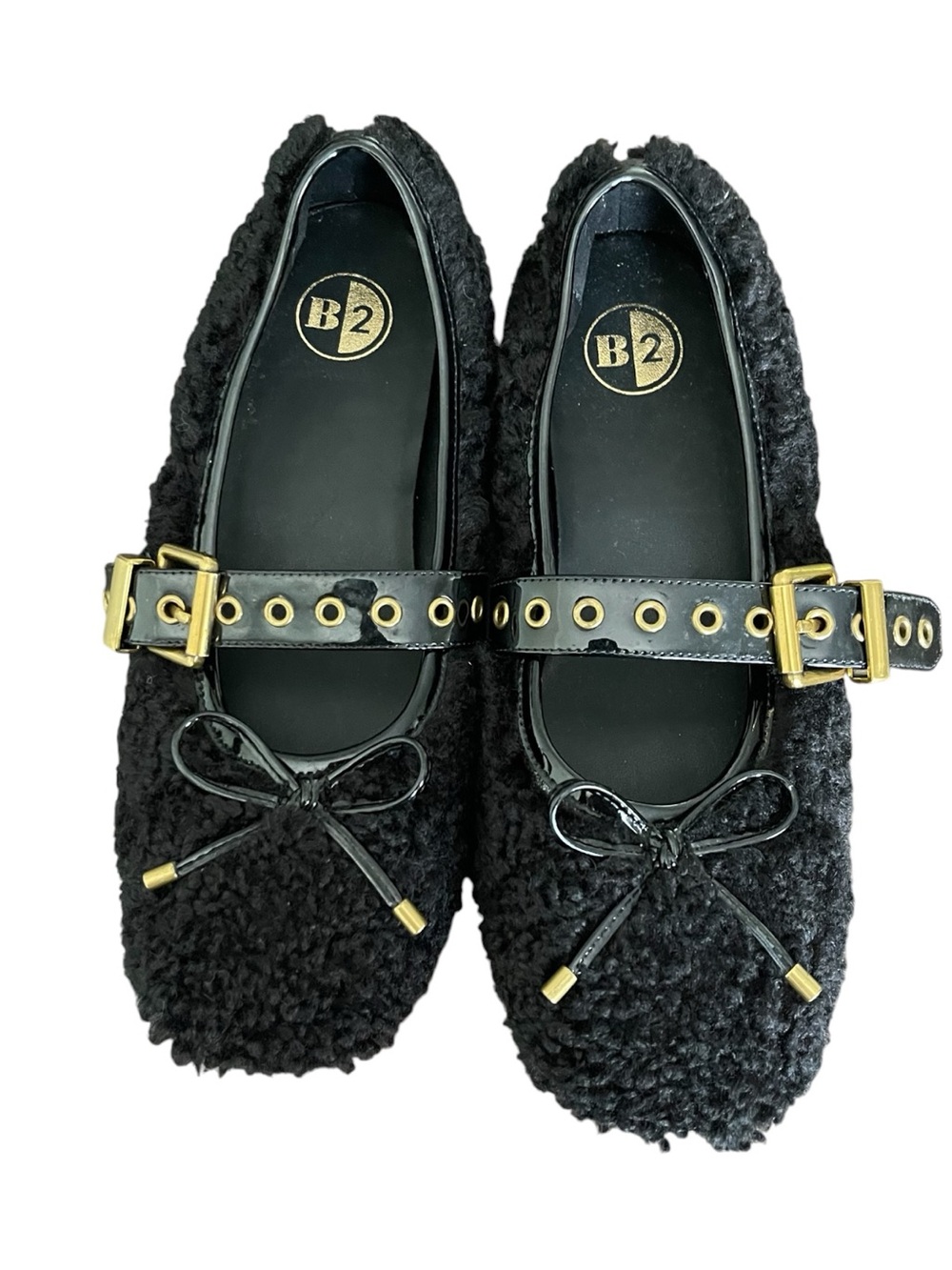 Browns B2 Black Fuzzy Shearling/Gold Buckled Strap Mary Jane Flats (40)